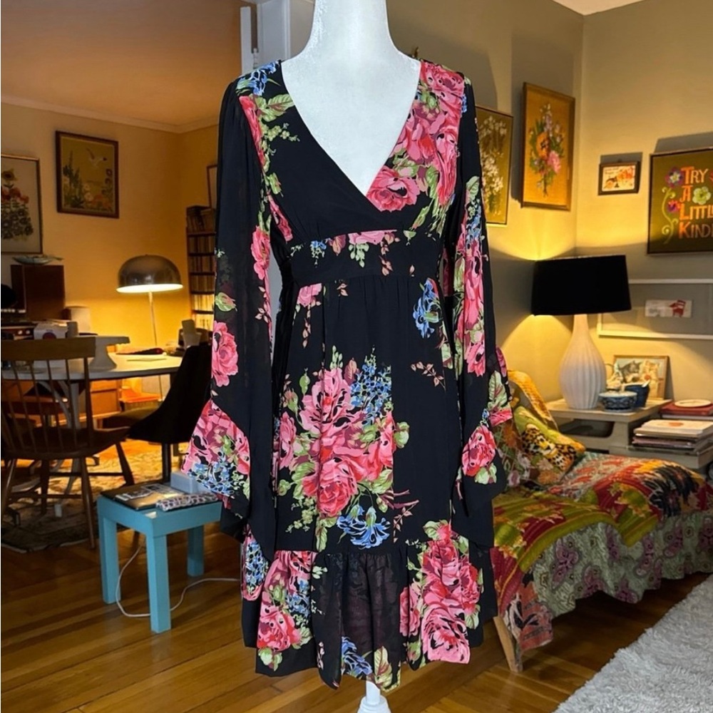 Betsey Johnson Bambi Black Floral Bell Sleeve Sundress